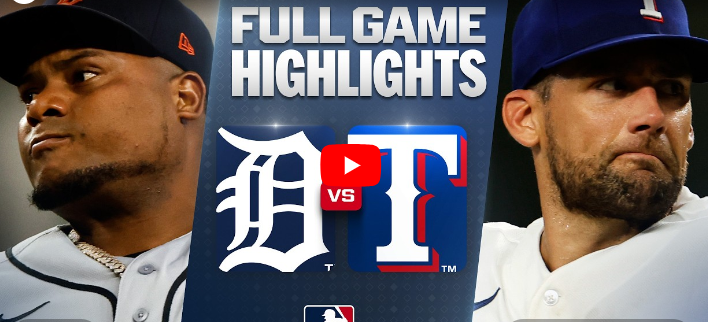 Texas Rangers vs Detroit Tigers Highlights image with player profiles.