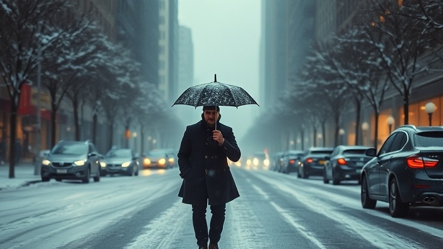 Person with umbrella walks the snow-covered street during New York snowstorm, highlighting community support.