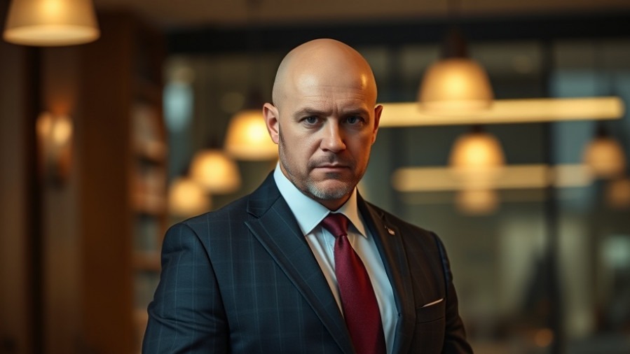 Sullen bald man in a suit reflecting on Virginia elections news and political accountability.