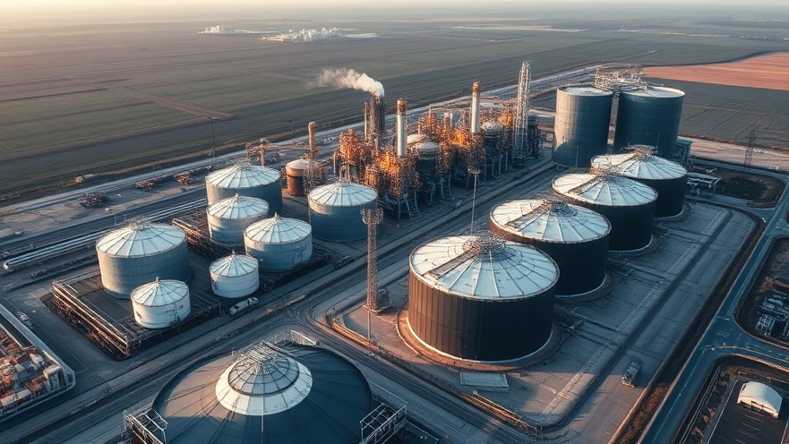 Aerial view of oil storage tanks and refinery, highlighting the Strategic Petroleum Reserve amidst geopolitical tensions.