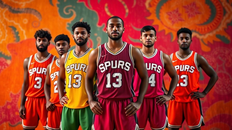 Dynamic Spurs players in vibrant NBA uniforms showcasing fiesta colors and cultural impact.