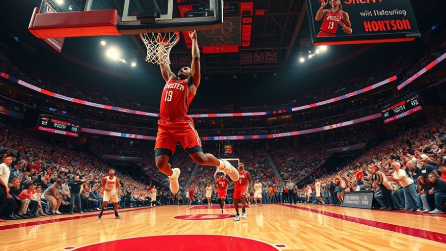 Houston Rockets player soaring for a slam dunk, capturing powerful basketball highlights.