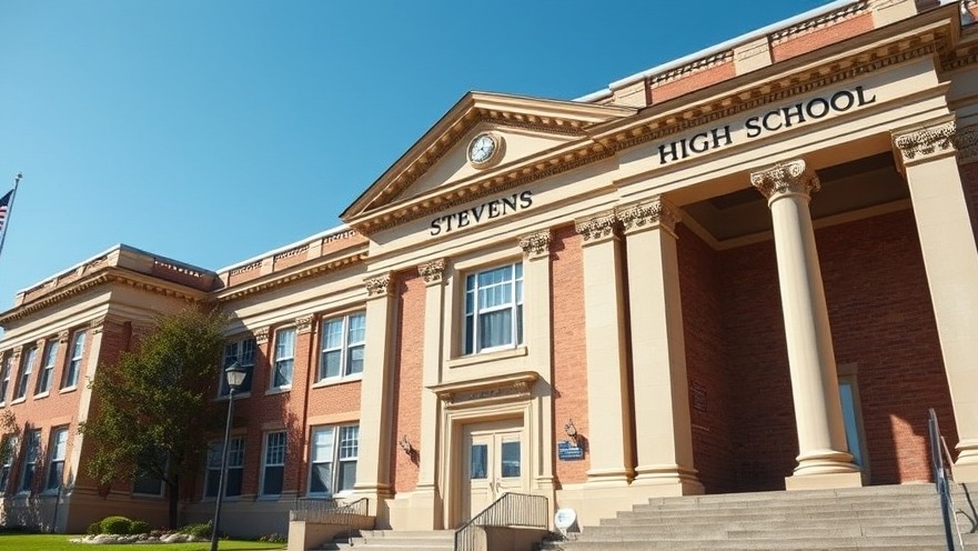 Historic Stevens High School in San Antonio, showcasing classic architecture and clear skies.