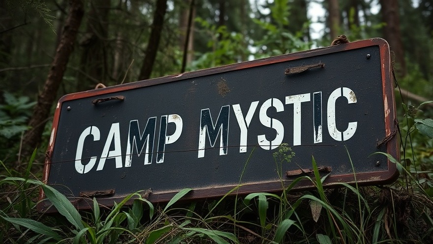 Abandoned 'CAMP MYSTIC' sign captures Austin local news of neglect in nature.