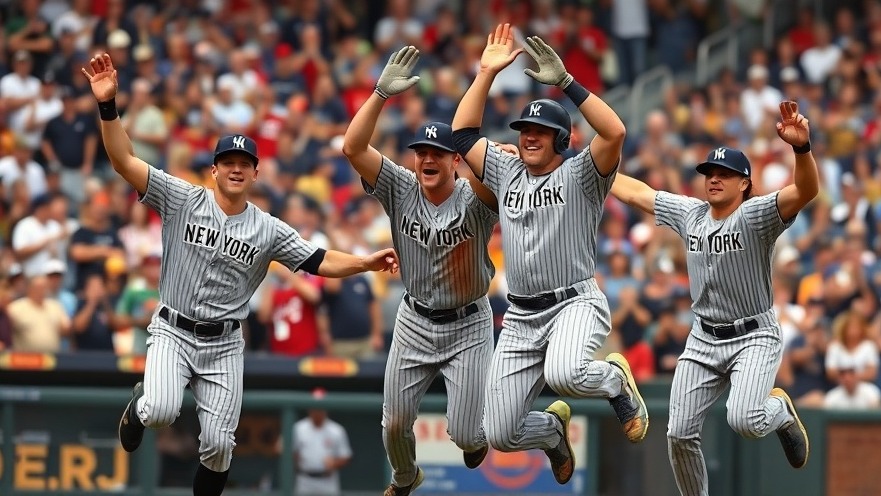 Energetic New York Yankees celebrate mid-air, showcasing MLB highlights in vibrant colors.