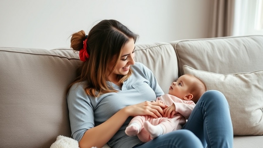 Single mother with baby on couch seeking emotional support and community resources.