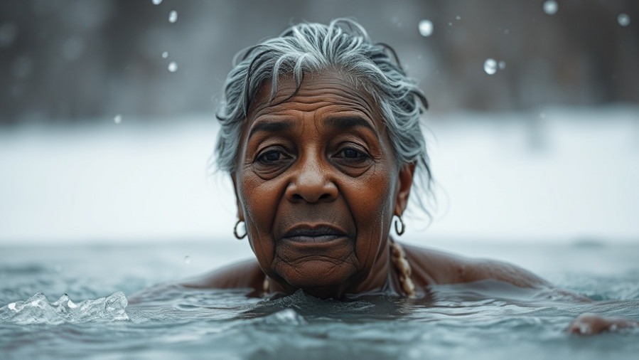 Older black woman in cold water embracing fitness tips for recovery.
