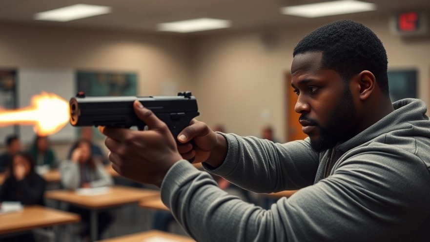 Houston crime news: dark-skinned gunman firing pistol in a college classroom.