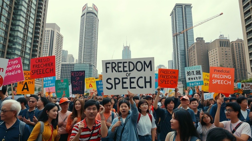 Diverse crowd in Hong Kong advocating for free speech amid human rights violations.