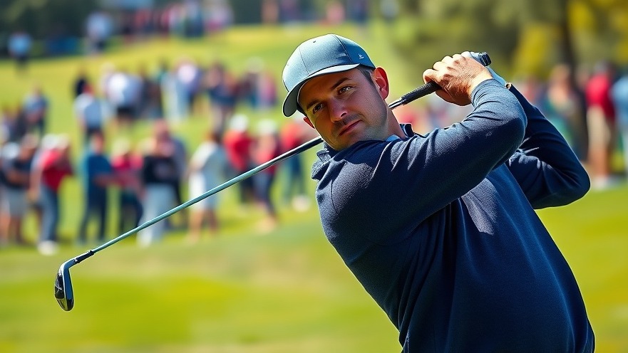Intense golfer in navy sweater swings club at U.S. Open, showcasing dramatic golf tournament action.