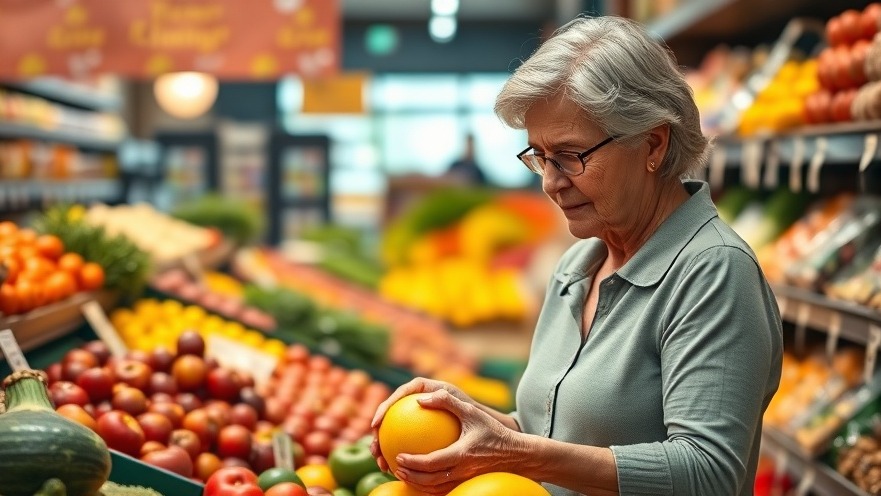 Older woman shopping for healthy food, emphasizing stroke prevention and wellness tips.