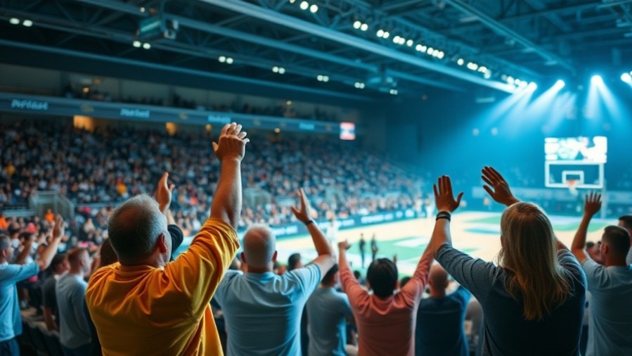 Cheering fans in an indoor sports arena celebrating thrilling basketball moments, NBA highlights.