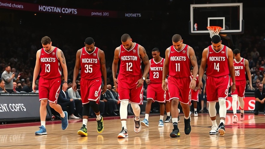 Houston Rockets players in red uniforms, reflecting on latest game results, Houston sports news.