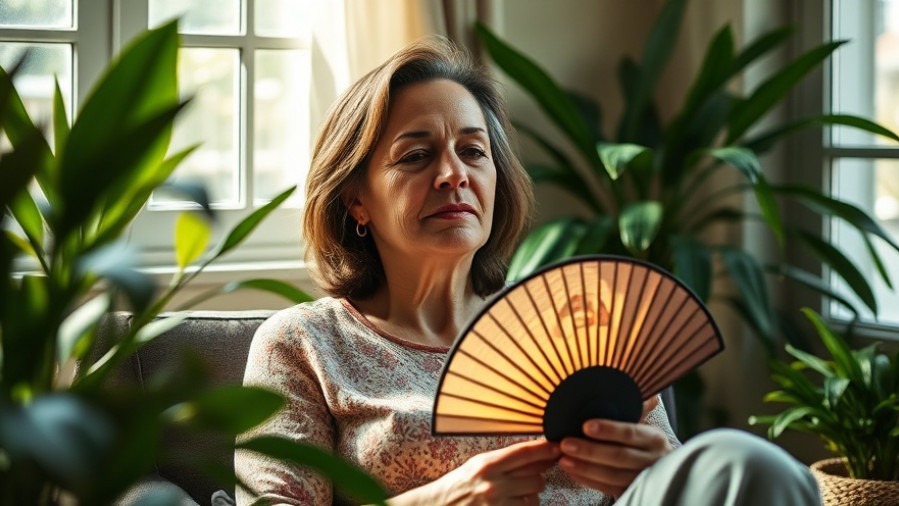 Middle-age woman enjoying vitality health and wellness, using a fan indoors for hot flash treatment.