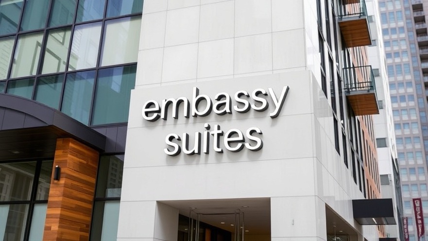 Modern Embassy Suites hotel facade showcasing Dallas economic development in urban design.