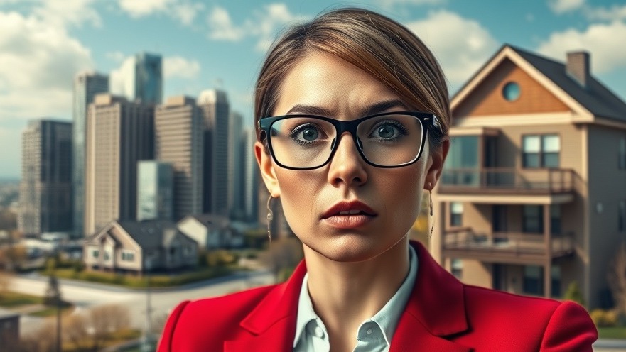 Professional businesswoman in red blazer with San Antonio housing updates backdrop.
