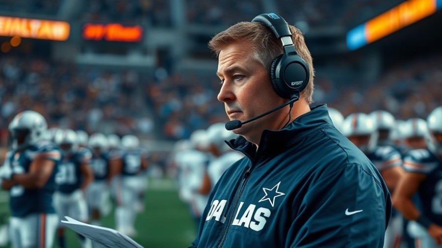 Dallas Cowboys defense coach analyzing notes amid vibrant NFL coaching strategies.