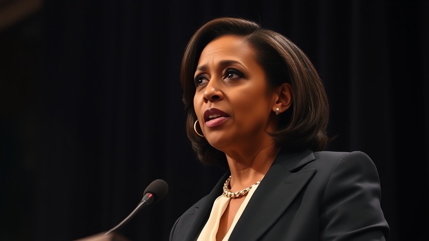 Kamala Harris at a dimly lit event discussing California political landscape.