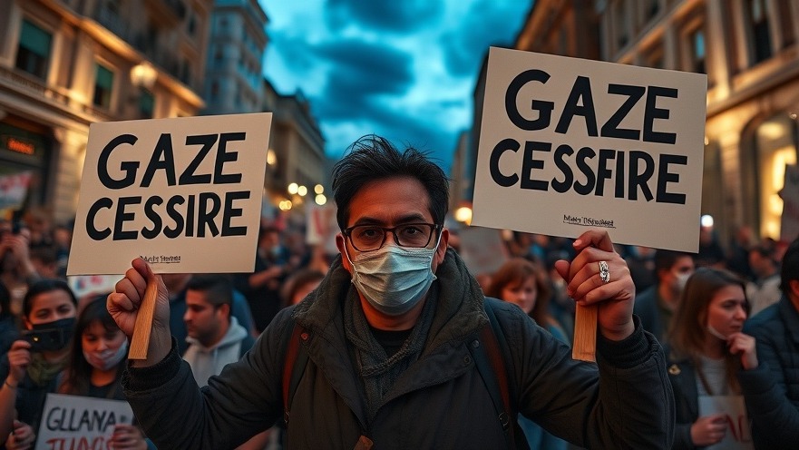 Determined protestor at night holding 'Gaza ceasefire' sign in vibrant urban protest for national news.