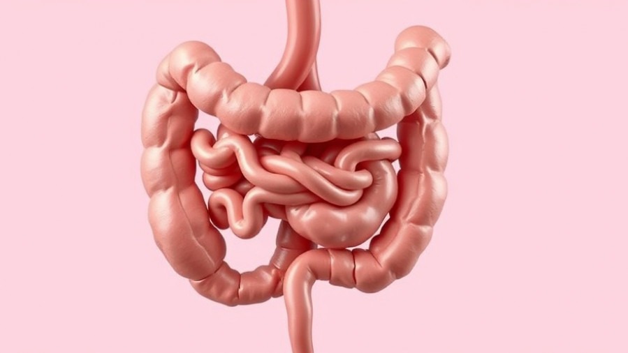 Photorealistic graphic of human intestines illustrating probiotics and mental health.