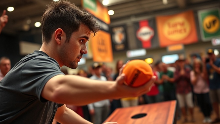 Focused male cornhole player demonstrating emotional intelligence and concentration in a dynamic tournament atmosphere.
