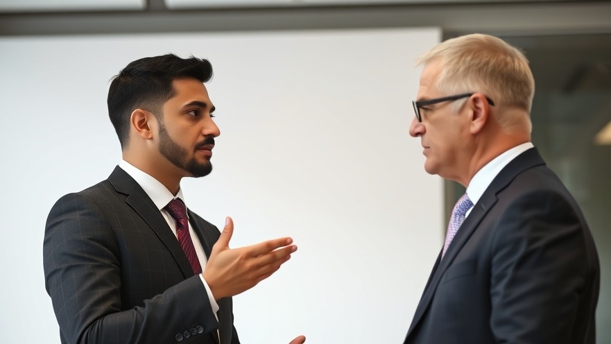 Young Hispanic and middle-aged white businessman debating Texas elections 2025.