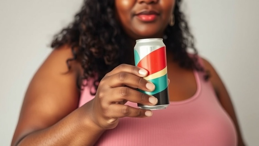 Fat black woman promoting gut health with an unlabelled drink can.