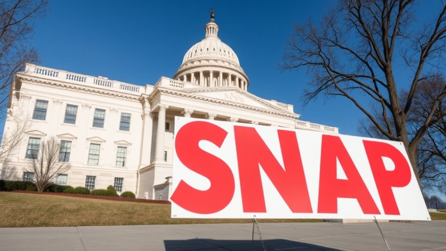 Sign reading 'SNAP' outside government building for food assistance updates.