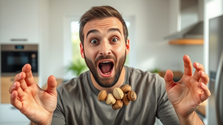 Surprised man with Brazil nuts in a bright kitchen, showcasing natural supplements for sleep.
