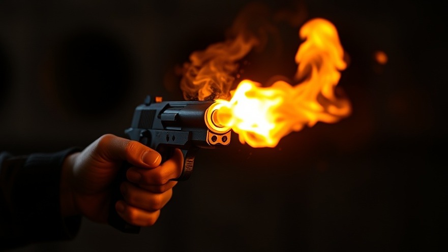 Hand holding a pistol with flames shooting from the barrel, reflecting Bexar County crime news.