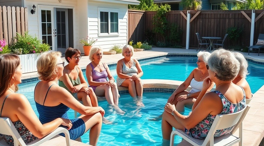 Middle-aged women sharing natural health tips by the pool on a sunny day.
