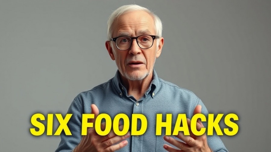 Elderly man discussing healthy aging tips, featured in 'SIX FOOD HACKS' promotion.