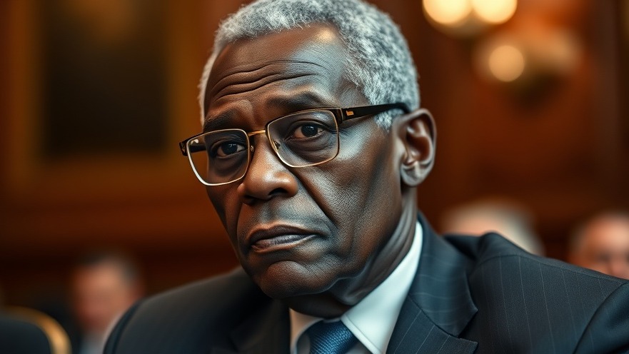 Elderly black man in formal setting reflecting on legal implications of drug advertising.