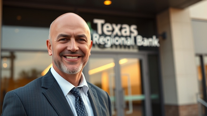 Confident bald man in suit in front of Texas Regional Bank, showcasing Dallas entrepreneurship.