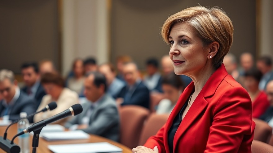 Confident woman in a red blazer discussing government oversight VOA at a conference.