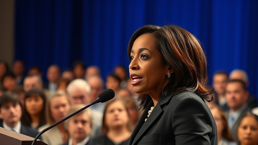 Kamala Harris mid-speech at a dynamic event, highlighting breaking national news.