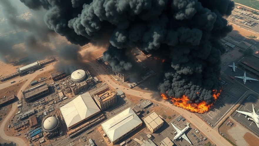 Aerial view of military airstrike aftermath in the Middle East, showcasing smoke and destruction.