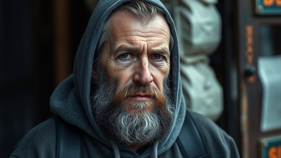Bearded homeless man in a hoodie symbolizes community vigilance and awareness in crime prevention.