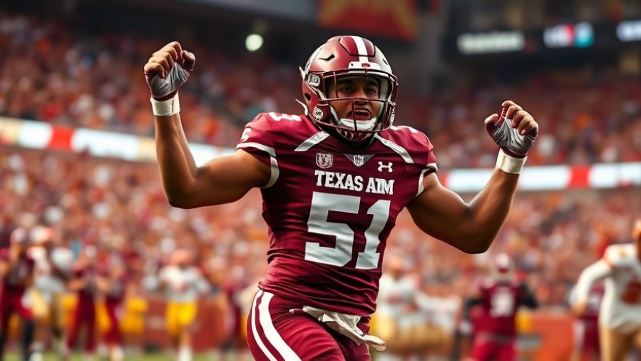 Texas A&M player celebrates in dynamic action amid college football rivalry atmosphere.