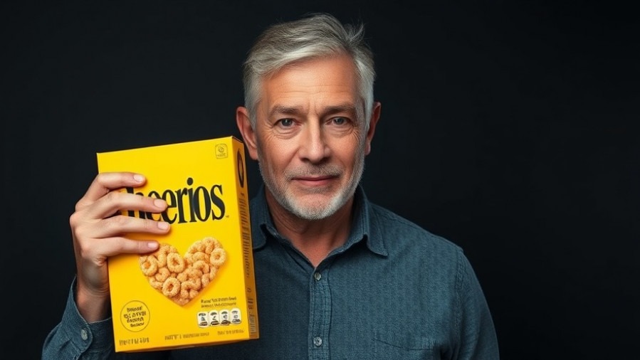Middle-aged man with Cheerios box, symbolizing healthy diet for seniors.