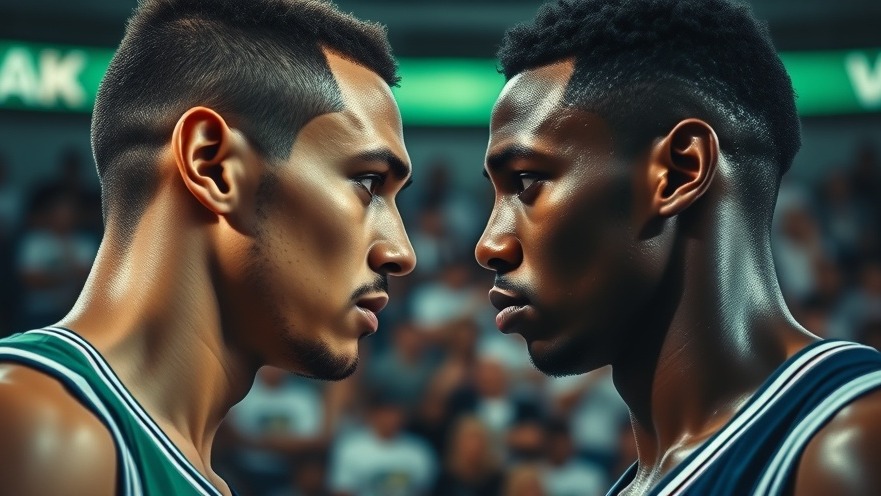 Close-up of two NBA players in intense face-off during playoffs, showcasing determination.