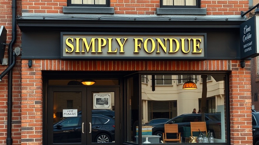 Charming brick storefront of Simply Fondue, highlighting the Dallas food scene.