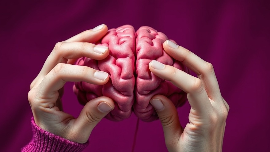 Monochrome hands knitting a pink brain, symbolizing mental health support and wellness lifestyle.