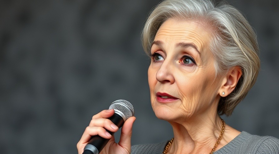 Older woman with glowing skin discussing benefits of natural skincare products.