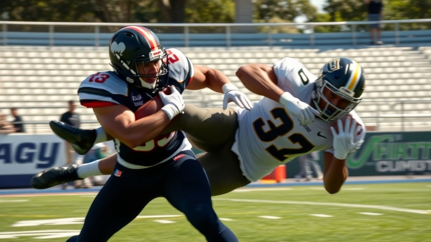 Intense college football scores scene with athletes colliding, vibrant colors.