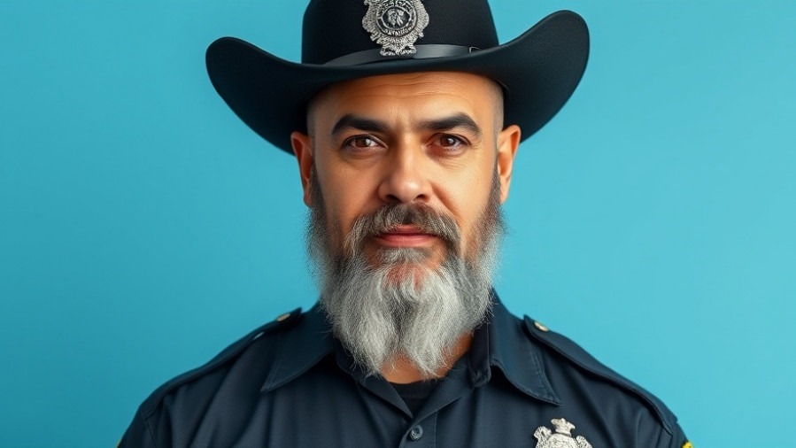 Mature Hispanic male police officer in protective gear, highlighting first responder health.