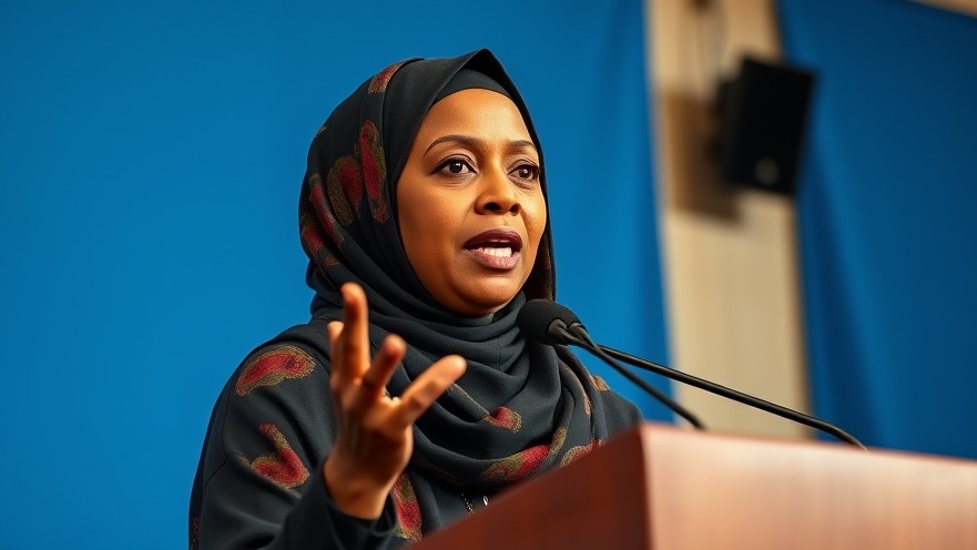 Somali female speaker at podium promoting political discourse and free speech.