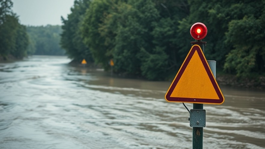 Texas emergency response: warning siren over flooded river during severe weather.