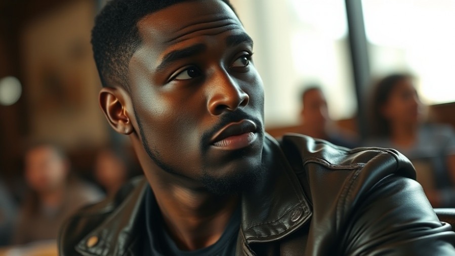 Thoughtful black man in leather jacket at San Antonio local concerts for dance music Kaytranada.
