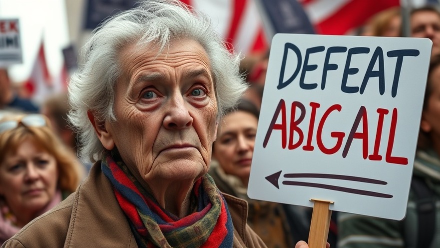 Elderly protestor with a determined expression, holding 'DEFEAT ABIGAIL' sign in vibrant Virginia politics scene.